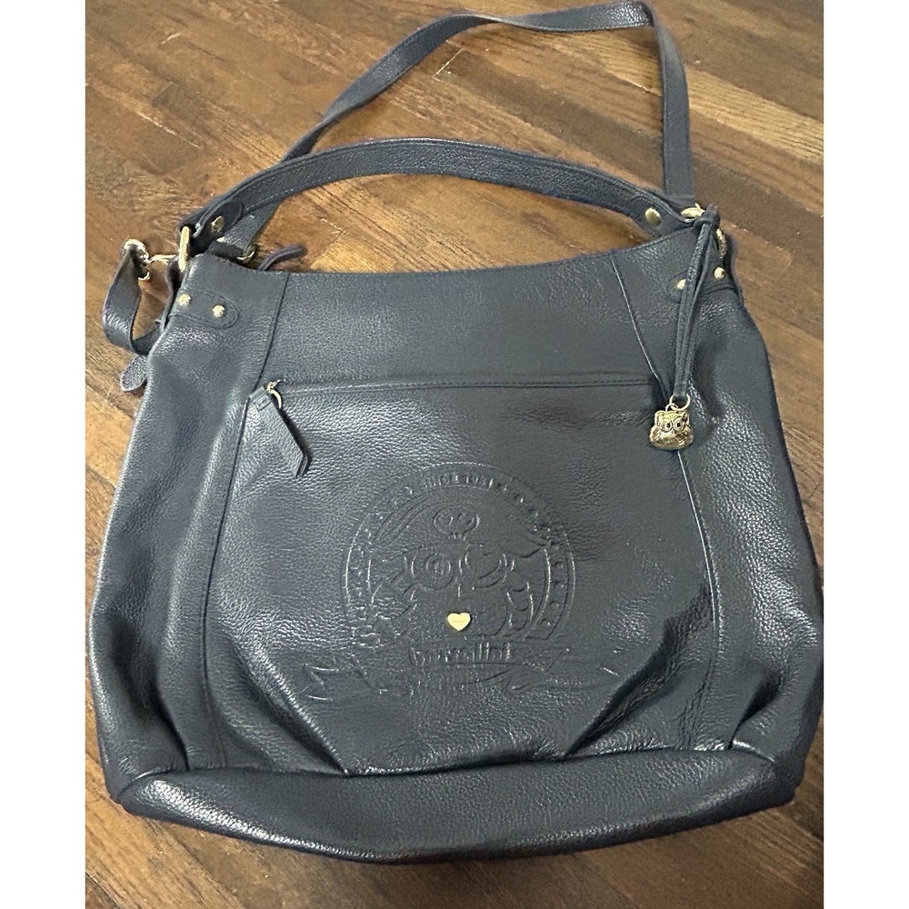 Borzalini black leather hobo bag Embossed Owl On Front Medium Size Gold Hardware - Picture 3 of 10